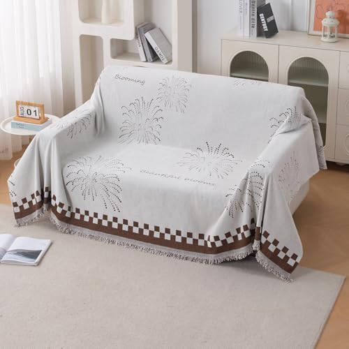 Image of HOKIPO Premium Chenille Printed Sofa Cover Throw Blanket 320 GSM for 2 Seater - All Season Use, 'Serene Abode Series' Brown Dot Burst (180x250 cm) (AR-6632-D6)