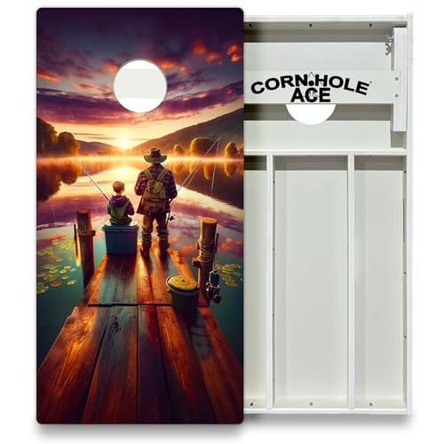 CornholeAce Father and Son Fishing at Sunrise All Weather Pro Cornhole Board Set - Waterproof 4x2 Regulation Size, Made in USA, Triple Wide Legs, 3/4