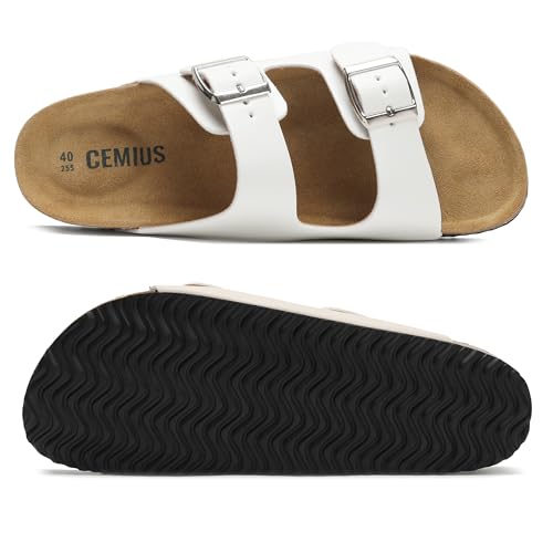 Image of Genuine Leather Cork Footbed Sandals with Arch Support Women Men's Flat Slip Slippers with Adjustable Double Buckle Beach Sandal Memory Foam Slides Open Toe Slipper for Summer Vacation