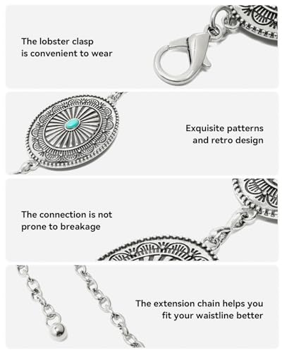 BOSTANTEN Western Metal Waist Chain Belt for Women Cowgirl Boho Turquoise Belts for Dress Jeans Country Concert Outfit4