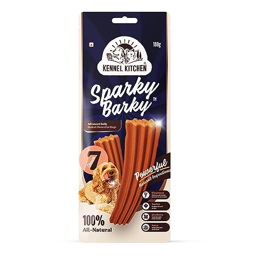 Image of Kennel Kitchen Dog Treats | Sparky Barky Dental Sticks for Dogs | 180G, 7 Sticks | Advanced Daily Dental Chew Sticks | Contains Cinammon, Parsley, Cranberry & Yucca, All Life Stages