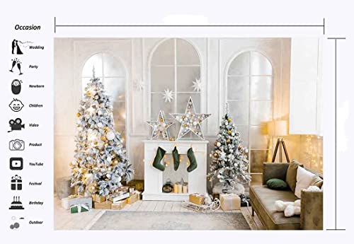 Haosphoto Christmas Backdrop for Photography 7X5FT Fireplace Backdrops Pine Trees Stocking French Window Sleigh Xmas Background for Merry Christmas and Happy New Year Photo Studio Props Vinyl HS913 - Image 4