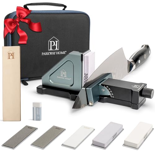 ORIGINAL ADJUSTABLE ROLLING KNIFE SHARPENER KIT: Adjustable Height, 30 Angle Options, 5 Removeable Whetstone Plates, Leather Strop with Travel Case - Kitchen Knife Sharpener