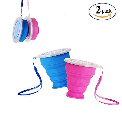 FUNNY HOUSE 2 pcs Tazas de Viaje de Silicona Plegable Portátil y Reutilizable, Vaso con Tapa sin BPA 200ml para Camping Senderismo y Viaje