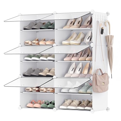 SONGMICS Mueble Zapatero Plástico, 6 Compartimentos para 24 Pares de Zapatos, con Puertas, Estructura de Acero y Estantes de Plástico, Armario para Dormitorio, Blanco Nube y Transparente LPC033W01