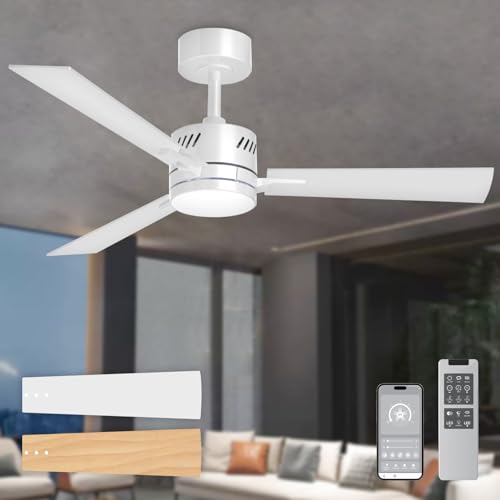 AHAWILL 42 inch Ceiling Fan with Light,Outdoor Fans with Lights and Remote,Reversible,6CCT,Dimmable,Noiseless,White Ceiling Fan for Bedroom, Indoor/Outdoor Use