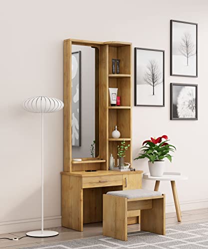 Image of Bniture Wooden Dressing Table For Bedroom With 1 Drawer, Mirror And Huge Storage Space With Stool | Long Dresser Vanity Table With Mirror(40D X 68W X 175H Cm) (Giant Wood), White