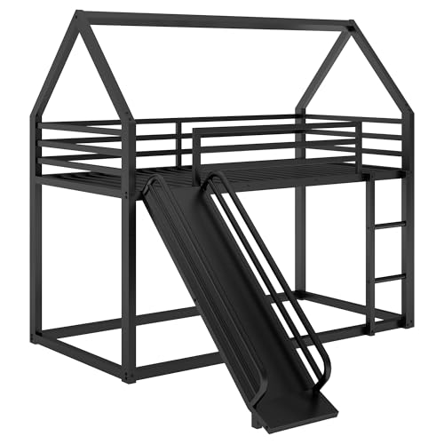 Morhome Metal Junior House Low Bunk Bed Twin Over Twin with Slide and Ladder, Montessori Floor Bunk Bed Frame with Full-Length Guardrail, Noise Free