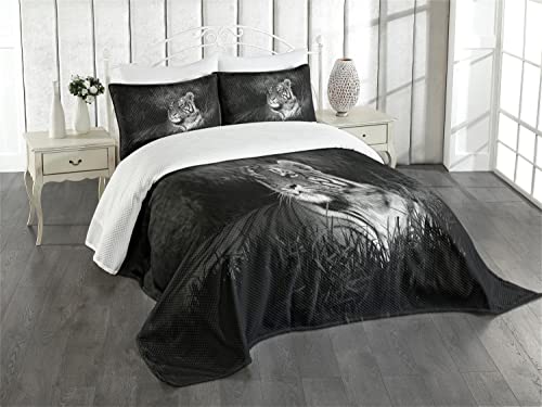 ABAKUHAUS Negro y Blanco Cubrecama, Tigre de Bengala Recostado en el Césped África Sabana Imagen Monocromática, Decoración Versátil, 170 x 220 cm, Negro