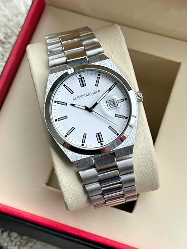 Image of AMERICANVIBER Men's Silver Stainless Steel Watch, Vibrant Green Sunburst Dial, Quartz Analog Movement, Date Display, Faceted Bezel for Men