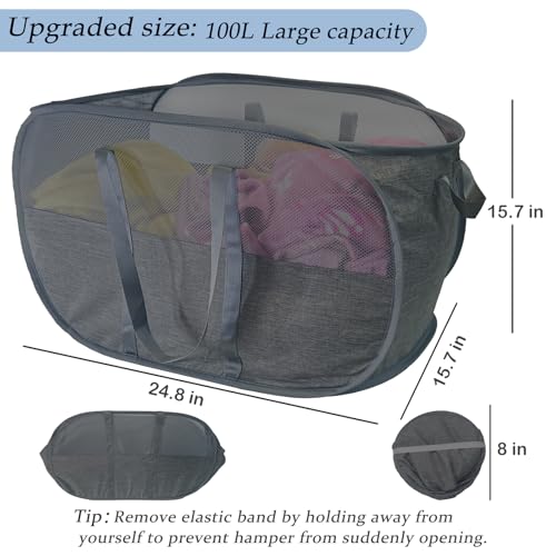 Image of Extra Large Mesh Pop Up Laundry Hamper 2 Pack,100L Collapsible Laundry Baskets, Dirty Clothes Hamper with Reinforced Handles, Folding Hampers for Travel, Nursery, Dorm or Home. Black
