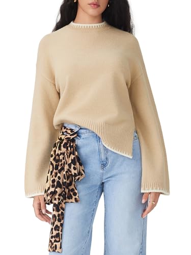 CIDER Womens Sweater Long Sleeve Split Hem Color Block Crew Neck Tops Fall Outfits2