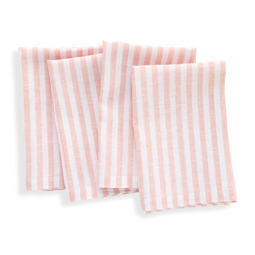 Image of Solino Home 100% Linen Napkins, 20 x 20 in, Coral, Amalfi Stripe, Set of 4 | a finishing touch for meals, weddings and holidays, woven stripe, European flax fibres, machine washable, OEKO-TEX Certified