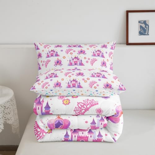 Image of Feelyou Kids Princess Castle Bedding Set Full Size, Fairytale Duvet Insert Pumpkin Carriage Comforter Set Boys Girls Teens Bedroom Decor 3Pcs