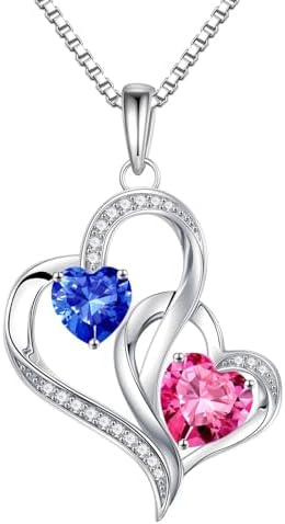 Iefil Birthstone Necklace for Women - 925 Sterling Silver Double ...