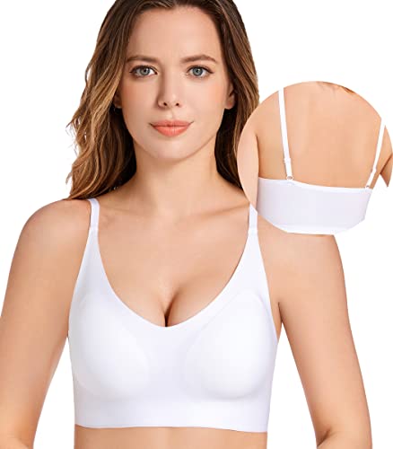 PRETTYWELL Comfortable Bras, Seamless Wire Free Everyday Bras for A to D Cups, V Neck Soft and Light Basic Bras for Women (White, L)