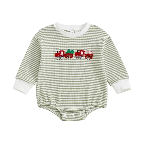 Baby Girl Christmas Striped Romper Toddler Long Sleeve Round Neck Xmas Element Embroidery Jumpsuit 3 6 12 18 Months