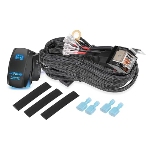 Light Bar Wiring Harness w/ 5 Pin Rocker Switch 300W 12V 30A Fuse 40A Relay Universal Nylon 2 Lead Wiring Harness Kit for Work Light Off Road Driving Fog Lights for Boat Trucks ATV UTV