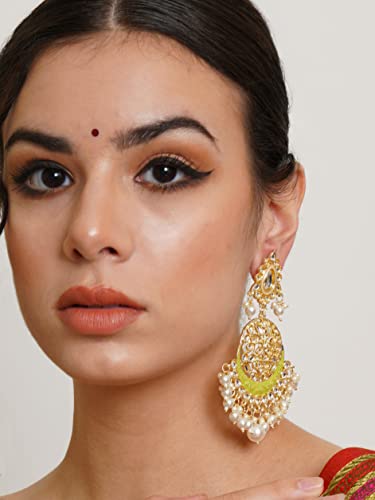 Karatcart Gold Plated Handcrafted Light Green Meena and Pearl Long Dangler Earrings for Women - Image 2