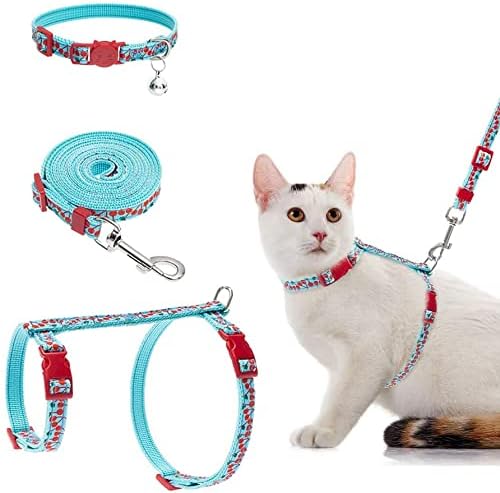 EXPAWLORER Cat Harness Leash Collar Set - H Style with Cherry Pattern, Adjustable Escape Proof for Outdoor Walking