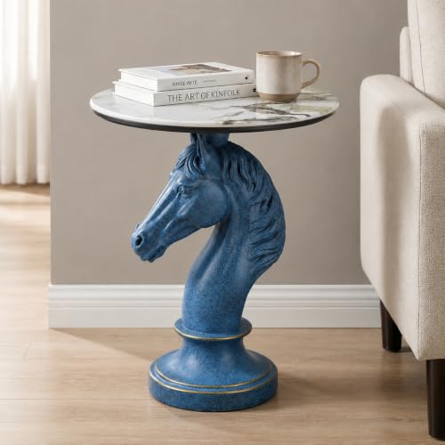 UNOIRNM Luxury Horse Statue Round Side Table - 24" Faux Marble Top End Table, Luxury Resin Animal Sculpture Pedestal, Unique Artistic Accent Table for Living Room, Bedroom & Office, Navy Blue