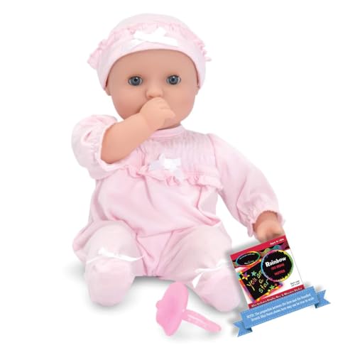 Image of Melissa & Doug Jenna: 12" Mine to Love B a b y Doll Bundle with 1 Theme Compatible M&D Scratch Fun Mini-Pad (04881)