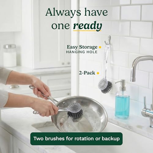 Image of Cuisinart Dish Brush with Handle 2 Pack - Kitchen Scrub Brush for Dishes, Pots & Pans, Non-Scratch Dish Scrubber, Firm Bristles for Sink & Cookware, Comfortable Grip for Everyday Cleaning