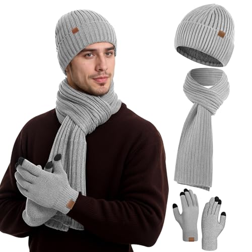FLEERNIO Herren Winter Mütze Schal Touchscreen Handschuhe Set Thermo Beanie Wintermütze Strickmütze Winterschal Winterhandschuhe Geschenk für Männer