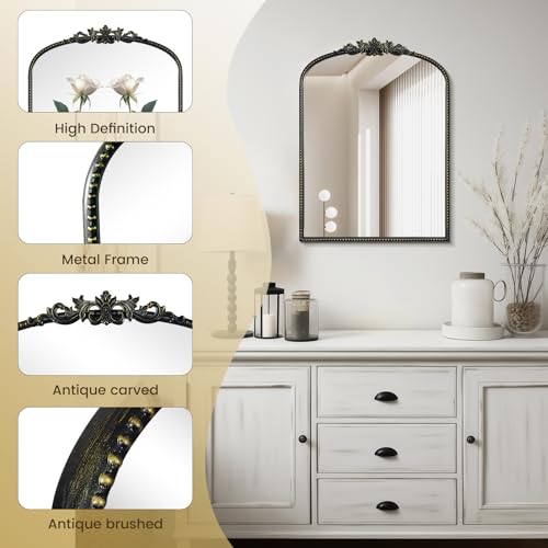 Image of WallBeyond Black Vintage Mirror for Vanity 22x30 Inch, Black Antique Mirror with Ornate Frame, Arched Vintage Wall for Bathroom, Living Room, Fireplace, Entryway