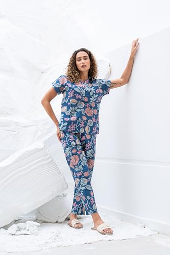 Image of SANSKRUTIHOMES Women's Premium 100% Cotton Printed Co-Ord Set | Short Sleeve Shirt & Pant Set | Pink Checkered Sun & Palm Tree Print | Casual Summer Resortwear, Vacation Wear & Comfortable Loungewear