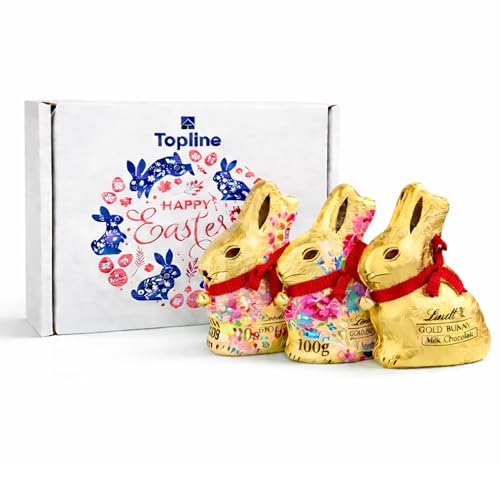 Lindt Chocolates Easter Bunny Hamper Gift - Pack of 3 x 100g Milk Chocolate Bunny Wrapped in Gold & Floral Foil. Great Chocolate Gift for Easter Gifts Egg Hunt for Kids.
