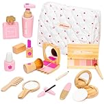 Wooden Makeup Toy Set, Pretend Play Makeup Kit for Toddlers Realistic Beauty Salon Role Play Set for Girls with Eyeshadow Lipstick Perfume Brush and Cosmetic Bag Birthday Gifts for Kids Aged 3 4 5 6