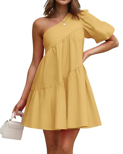 Image of KIRUNDO Summer One Shoulder Mini Baby Doll Dresses Women 2026 Casual Puff Sleeve Loose Tiered A Line Flowy Short Dress