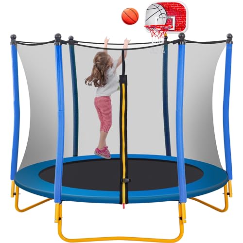 Merax 66'' Trampoline for Kids with Basketball Hoop, Rubber Ball and Enclosure Net, 5.5FT Mini Small Toddler Trampoline Indoor Outdoor for Kids Age 1-8 Birthday Gifts