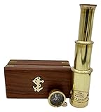 Nautical Brass Spyglass Telescope with Wooden Box, Brass Pirate Brass Telescope, Spyglass Collapsible Monocular Decorative Telescope with Glass Optics for Kids (Polish Finish)
