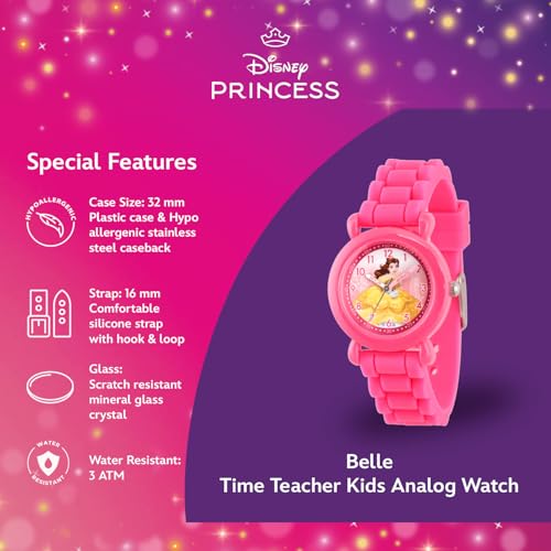 Disney Princess Belle Watch for Girls Age 4–7 Featuring Elegant Curtsy Dial – Ideal Gift for Fans of Royal Stories, Feminine Style, and Colorful Magic – Pink Bezel, All-Pink Silicone Strap4