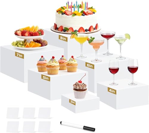 6 Pcs Buffet Risers Acrylic Food Risers for Buffet Table 6 Sizes (3x4x5x6x7x8 Inch) Display Stand Shelf for Party Catering Dessert Collectibles - Stackable Cube Boxes Display with Hollow Bottoms