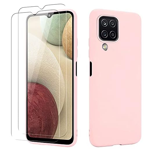 Pnakqil Kompatibel med Samsung Galaxy A12 6,5 tum fodral och 2-pack skärmskydd i härdat glas, stöttåligt skydd kristallklart smalt mjukt silikon skyddande TPU-fodral skal för Samsung A12 – rosa