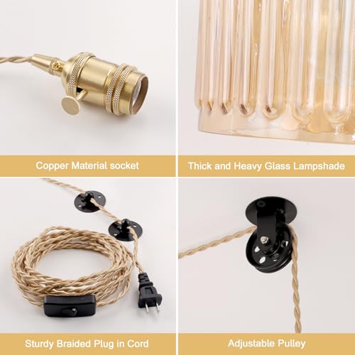 Image of Shenmoyl Plug in Pendant Light Hanging Light Fixture Corded On /Off Switch Brass Pendant Light with Amber Striped Glass Lampshade for Bedroom Living Room Kitchen Island