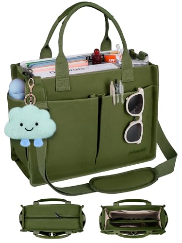 BESBESME Canvas Tote Bag for Women, Work Laptop Purse with Zipper Top, Compartments, Luggage Sleeve, Adjustable Strap, Shoulder Bag for Teachers, Nurses, College, Travel & Bible Study, Army Green M