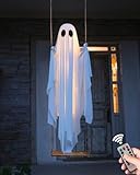 Halloween Decorations Outdoor - 5 FT Large Hanging Swing Ghost Halloween Decor with String Lights - Spooky Cute Ghosts Decorations for Front Porch Yard Tree
