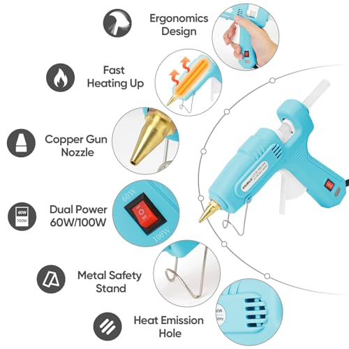 Image of ROMECH Full Size Hot Glue Gun with 60 /100W Dual Power and 21 Hot Glue Sticks (7 /16 inch), Fast Preheating Heavy Duty Industrial Gluegun with Storage Case for Crafting, DIY and Repairs (Cyan)