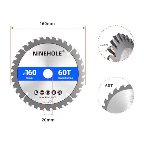 Ninehole 3pcs Lames de scie circulaire 160 x 20 mm (anneau 16 mm), 60 dents Coupes propres, Disque à Tronçonner pour Bois, Sèche, Stratifié, Cloison, Contreplaqué, Plastique – vue 2
