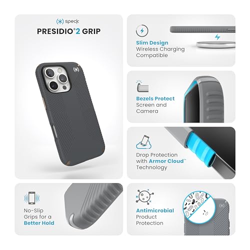 Image of Speck iPhone 16 Pro Case - Slim Phone Case iPhone 16 Pro - iPhone 16 Pro Phone Case - Presidio 2 Grip - Charcoal Grey /Bronze