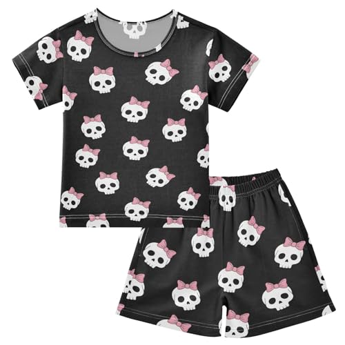 Pajama Short Sets Skull Pattern with Pink Bows Soft Cotton Summer Sleepwear 2 Piece PJS Size 5-14T