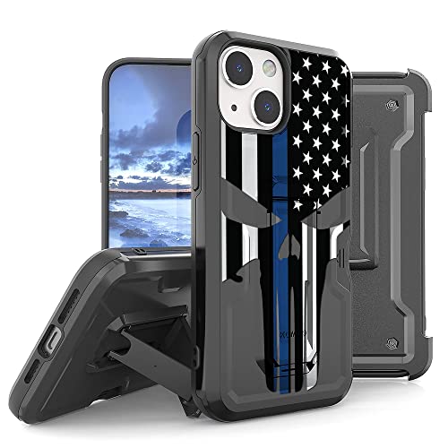 BEYOND CELL Compatible with iPhone 14,Case with Kickstand and Belt Clip Holster Armor Kombo, Hybrid Rugged Heavy Duty Shockproof Drop Protection Thin Blue Line Us Flag Skull