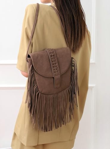 Suede Crossbody Shoulder Bag for Women Soft Small Tote Purse Trendy Faux Leather Satchel Travel Handbag with Tassels4