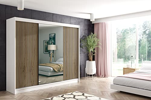 ALTDECOR Kleiderschrank mit Spiegel und Schiebetüren, Führungsschienen und Aluminium-Leisten, LED-Beleuchtung und Fernbedienung - VILAN - 250 cm Weiß + Lamelle Eiche Wotan + Spiegel