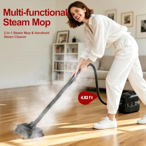 Image of 2-in-1 Handheld Steam Cleaner with Detachable Mop & 360 Swivel Rolling Base.2500W High Power. 3 Bar 221F High Pressure Steam Cleaner, 15S Heat-Up, 1.6L Water Tank, 3 Steam Levels Adjustable【Black】