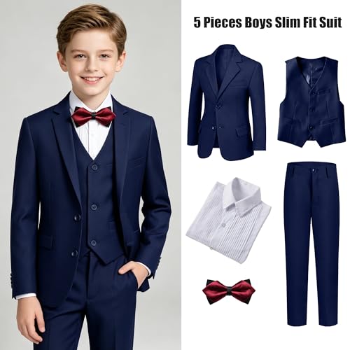 Image of Boys' Formal Suit 5 Piece Slim Fit Suits for Boy Kids Tuxedo Toddler Wedding Ring Bearer Outfit Teen Communion Dress